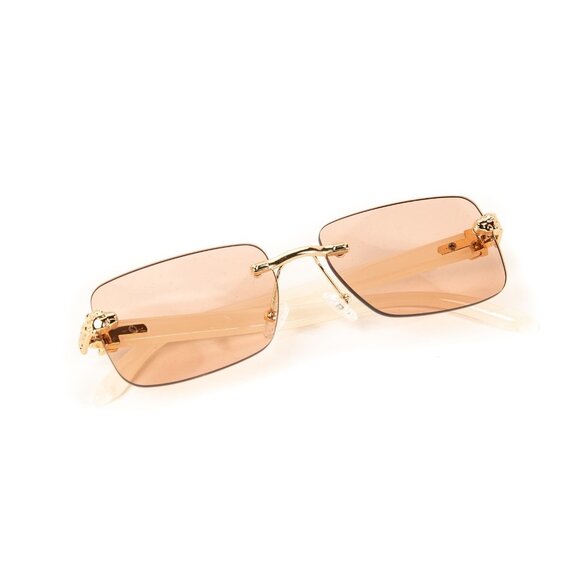 Men's Pink Tint Rectangular Hip Hop Gold Frame Leopard Head Rimless Sunglasses - Picture 5 of 6
